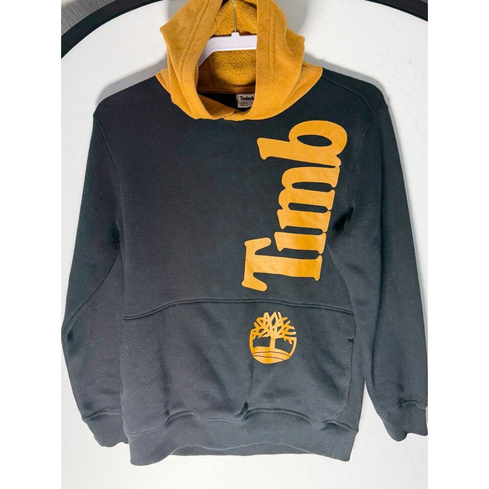 Timberland Youth L Large 14/16 Black Mustard Spellout Hoodie Y2K Streetwear